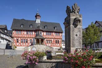 Historic town hall, Renaissance half-timbered house, fountain for fallen soldiers of the 1st World