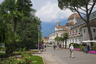 Merano, South Tyrol, Italy, spa hotel on the Passer promenade in the old town centre, Europe