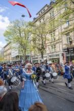 Drummers at the parade of historically costumed guild members, Zunft zur Meisen, Sechseläuten or