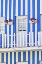 Traditional wooden striped house facade, Costa Nova do Prado, Aveiro, Portugal, Europe