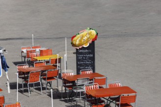 Outdoor snack. Empty tables at a restaurant on the Furka Pass. Obergoms, Canton Valais,