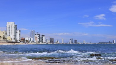 Panoramic view of Mazatlan sea promenade and waterfront El Malecon with ocean lookouts and beaches