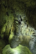 Stalactites illuminated by coloured LED light, stalactite cave, Höllgrotten, Baar, Canton Zug,