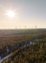 Wind turbines above a forest at sunrise and clear sky, Seewald, Black Forest, Germany, Europe