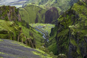 Campsite in a canyon, Moss-covered volcanic mountain landscape, Pakgil, Iceland, Europe