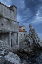 Lost Place, Abandoned building ruins by the sea under dramatic clouds, Trpanj, Peljesac, Neretva,