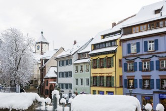 Houses covered with snow in the historic city centre, Freiburg im Breisgau, Black Forest,