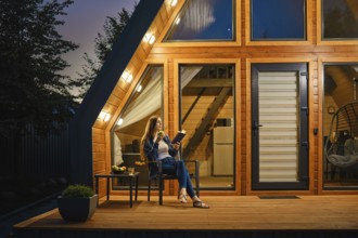 In the silence of the night, a woman sits on the wooden terrace of a modern log cabin and enjoys