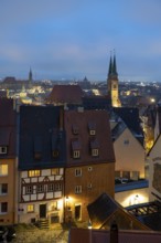 View of the city from the Imperial Castle with St Seebald's Church and St Lorenz, Blue Hour,