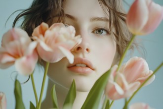 Portrait of young beautiful woman with tulip spring flowers in front of pastel blue studio