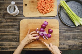 Hands chop red onions on a wooden cutting board with diced carrots and celery nearby. A mortar and