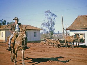 Man on horseback riding through the street in Laranjeiras do Sol, state of Paraná, Brazil, 1962,