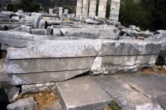 Archaeological excavation site Ruins of the ancient Greek city of Priene, Turkey, 1997 Inscription