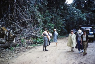 Rainforest road with broken vehicle, passengers on foot, Guyana, West Indies, South America, 1960