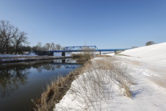 Dorsten, North Rhine-Westphalia, Germany - Sunny winter landscape in the Ruhr area, ice and snow on