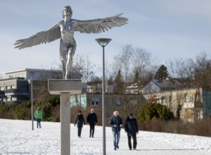 Dortmund, North Rhine-Westphalia, Germany - Emscher art in the Ruhr area in winter with ice and