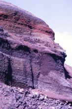 Layers of volcanic rock in the cross-section of a cliff, Lanzarote, Canary Islands, Spain 1979