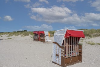 Beach chairs on the beach at Goting, Nieblum, North Sea island of Föhr, Schleswig-Holstein,