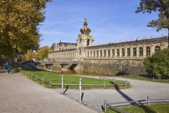 Dresden Zwinger, Baroque architectural style, gardens with lawn and path, crown gate, moat,