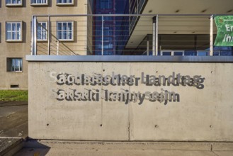 Saxon State Parliament, sign, concrete architecture, stainless steel railing,