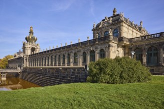 Dresden Zwinger, Crown Gate with bridge, Wallgraben, Long Gallery, Dresden, state capital,