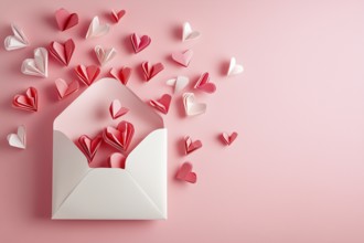 Valentine's Day love letter with envelope and hearts on pink background generated with copy space