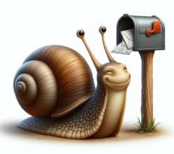 A snail with a snail shell on a letterbox, symbol image snail mail, letter post, postal system,