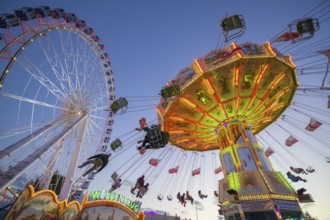 A funfair at dusk with illuminated chain carousel and Ferris wheel, Europa Rad, rides, wave flight,