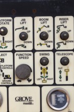 Close-up of toggle switch controls on component of heavy machinery, Quebec, Canada, North America