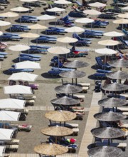 Parasols on Agia Galini beach, Agia Galini, south coast, Crete, Greece, Europe