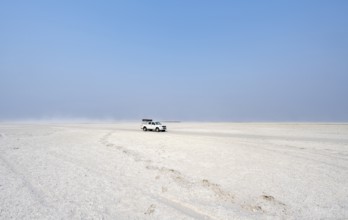 Four-wheel drive Toyota Hilux with roof tent, driving over salt pan, lone car in large wide plain,