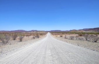 Gravel track leads through barren dry landscape with hills, Damaraland, Kunene, Namibia, Africa