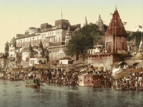 Benares, Varanasi. Rajah Potia Temple, India, digitally restored reproduction from a 19th century