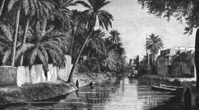 Wide canal near Baghdad, oasis, palm garden, buildings, boats, travelling in Asia, Iraq, historical