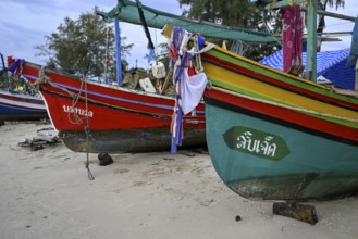 Fishing boats on the beach of Chathing Phra, near Hat Yai, Songkhla province, Thailand, Asia