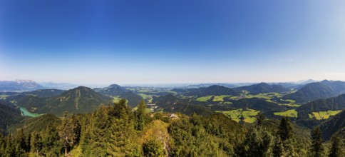 Drone image, summit cross on the Ochsenberg with Wiestal reservoir, Osterhorn group, Salzkammergut,