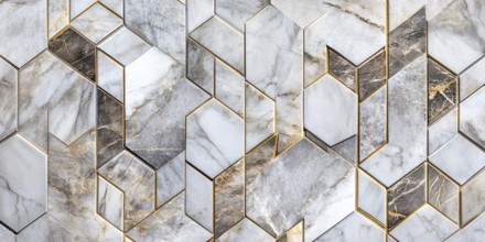 Banner with irregular gray and white marble tiles with golden joints. Generative ai, AI generated