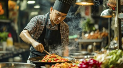 Thai asian cuisine. Chef in apron preparing delicious thai deep fried food over the fire., AI