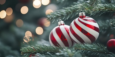 Christmas banner with bauble ornaments with red and white stripes on tree with copy space.