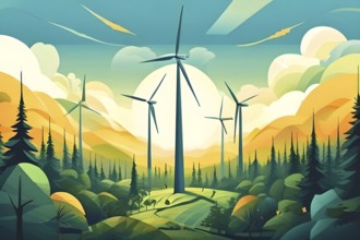 Abstract illustration of a forest with tall, geometric trees made of wind turbine blades, merging