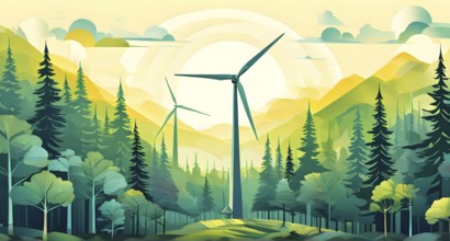 Abstract illustration of a forest with tall, geometric trees made of wind turbine blades, merging