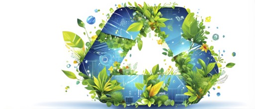 Recycling symbol morphing into growing plants and solar cells to symbolize the transformation of