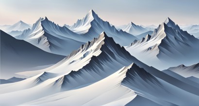 Abstract mountain range made of clean, geometric shapes with varying tones of grey and white, AI