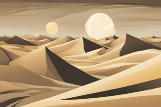 Abstract desert scene with triangular sand dunes and a single circular sun, using sharp lines and