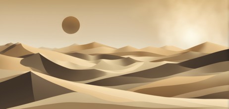 Abstract desert scene with triangular sand dunes and a single circular sun, using sharp lines and