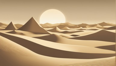 Abstract desert scene with triangular sand dunes and a single circular sun, using sharp lines and