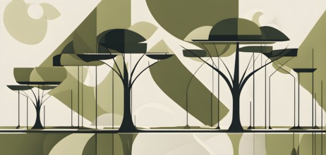 Abstract geometric tree with a circular canopy and a rectangular trunk, arranged in a clean,