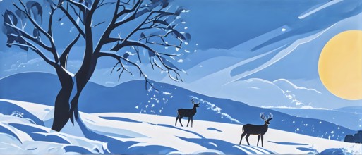 Abstract minimalist winter scene with a single, sharp silhouette of a deer and of a snow-covered