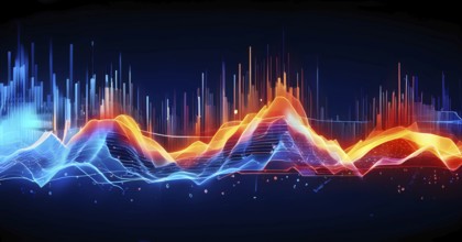 Abstract illustration of digital wave forms and circuits converging to form abstract symbols of