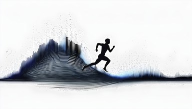 Wave of data points shaping into a runners silhouette, abstract illustration in black and white,